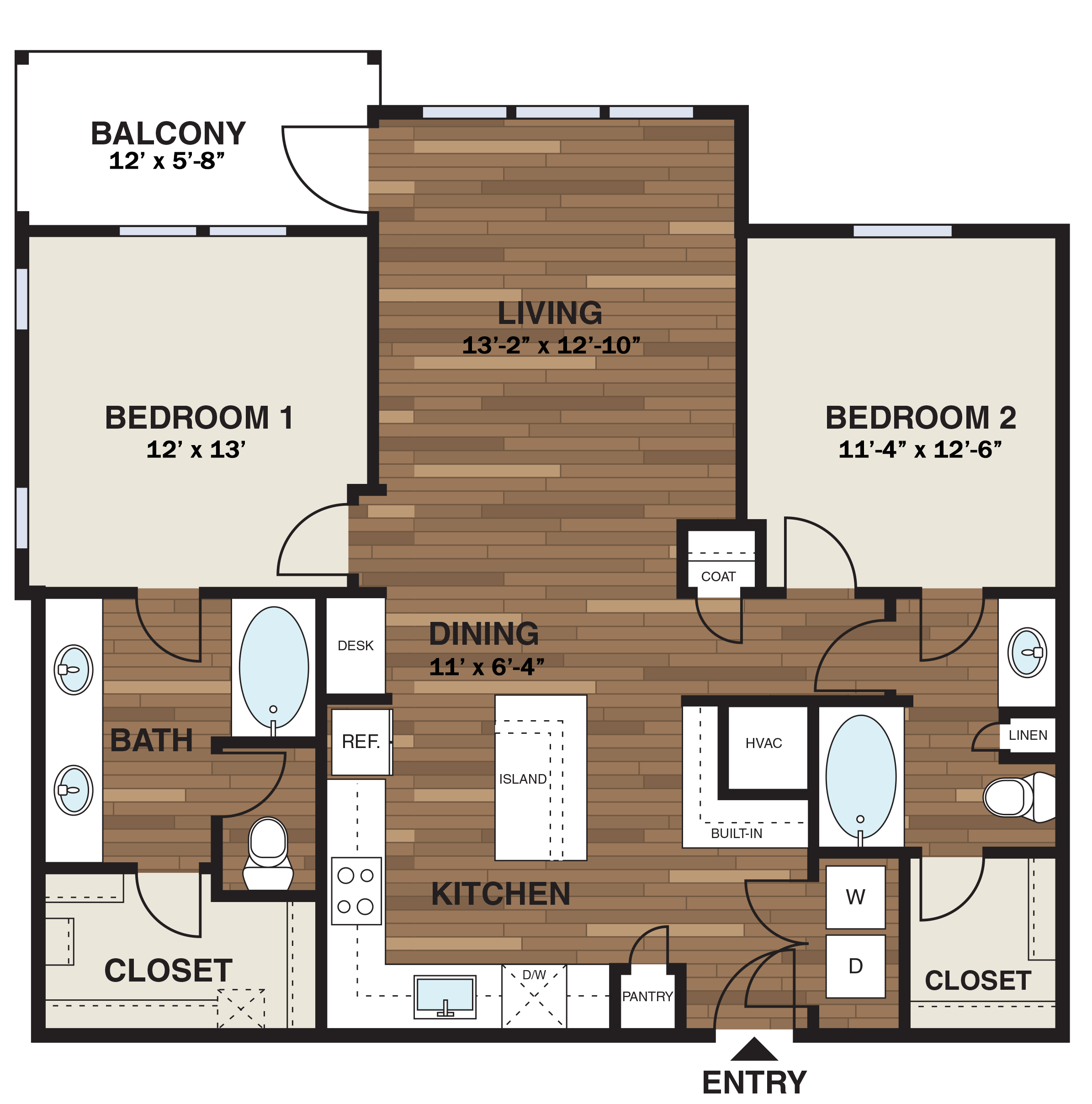 Floor plan for 2 beds, 2 baths, 1146 sqft